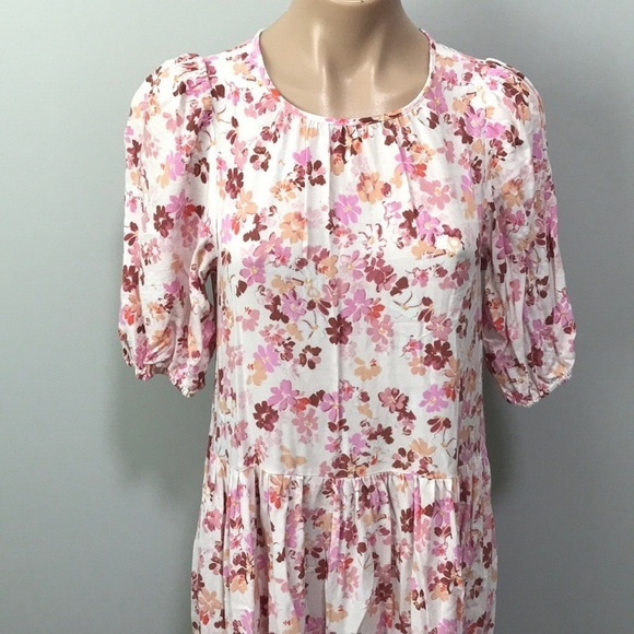 H&M Floral Pink Beige Midi Dress Drop Waist XS - Picture 2 of 6